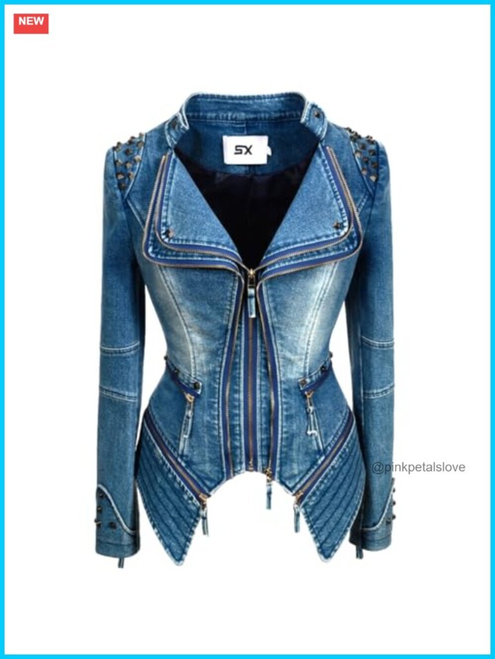 Classic Studded Denim Motorcycle Jacket with Dovetail Design